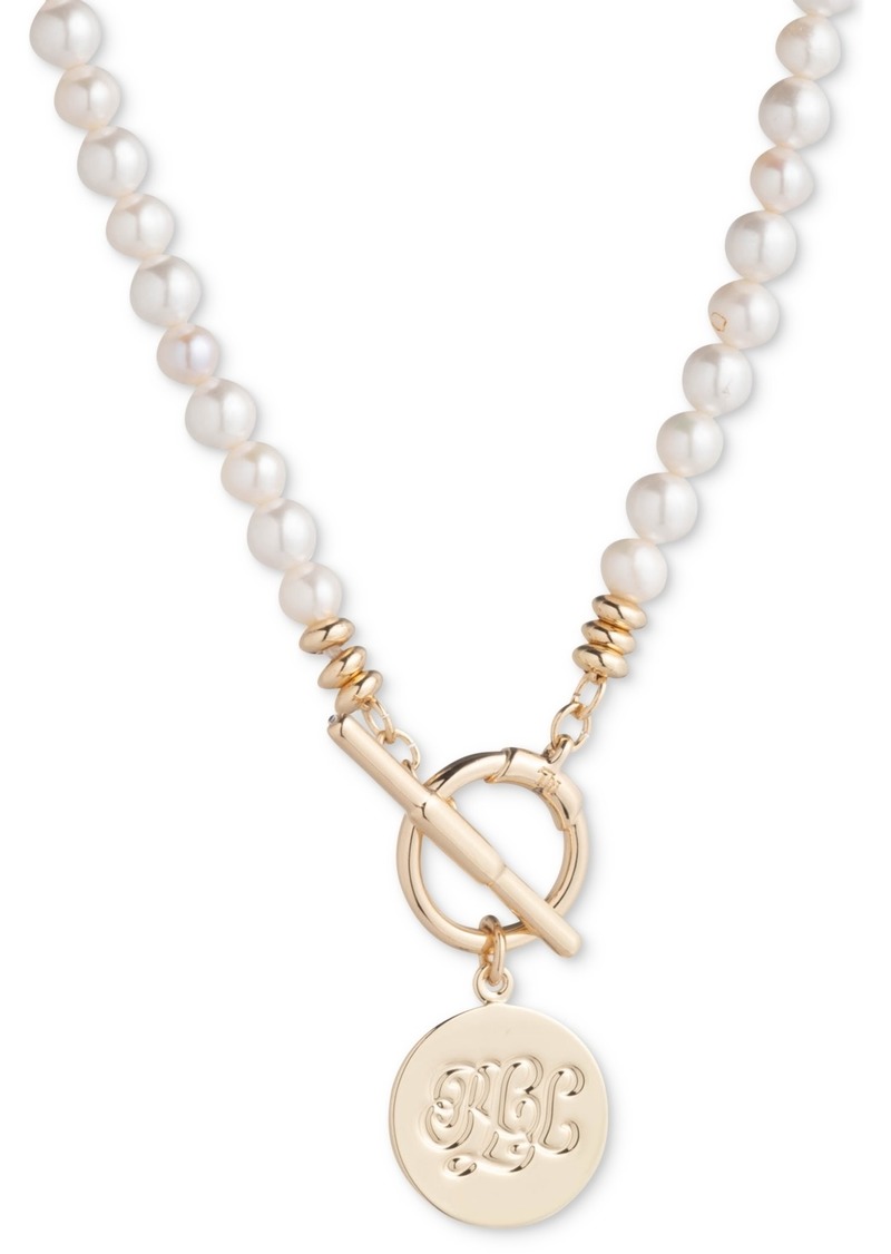 "Lauren Ralph Lauren Gold-Tone Logo Charm Imitation & Freshwater Pearl Beaded 17"" Pendant Necklace - White"