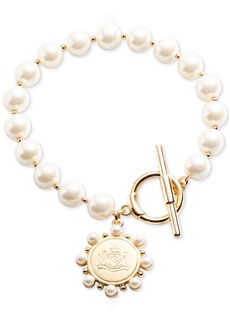 Lauren Ralph Lauren Gold-Tone Logo Coin Imitation Pearl Flex Bracelet - White