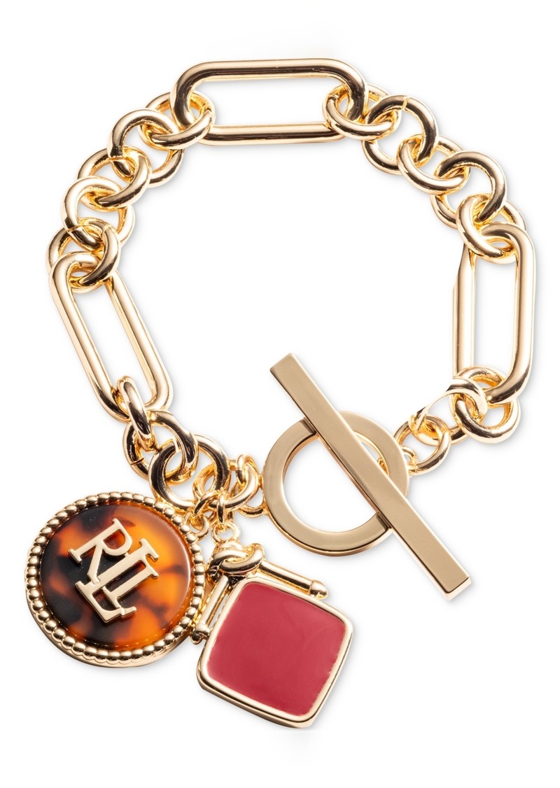 Lauren Ralph Lauren Gold-Tone Logo Tortoise-Look Multi-Charm Link Bracelet - Dark Brown