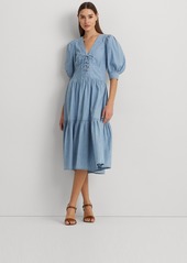 Lauren Ralph Lauren Petite Cotton Chambray Puff-Sleeve Dress - Medium Chambray Wash