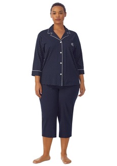 Lauren Ralph Lauren Plus Size Button-Front Top and Pants Pajama Set - Navy Dot
