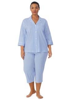Lauren Ralph Lauren Plus Size Button-Front Top and Pants Pajama Set - French Blue/White Stripe