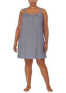 Lauren Ralph Lauren Plus Size Cotton Knit Double-Strap Nightgown - Dark blue / Stripe