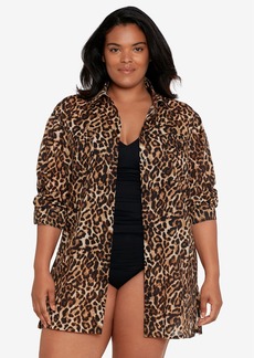 Lauren Ralph Lauren Plus Size Cotton Leopard-Print Camp Shirt Cover-Up - Leopard