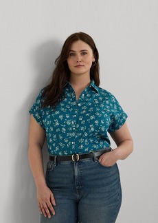 Lauren Ralph Lauren Plus Size Cuffed Linen Floral Shirt - Indigo Multi