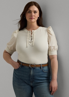 Lauren Ralph Lauren Plus Size Lace-Up Puff-Sleeve Top - Mascarpone Cream