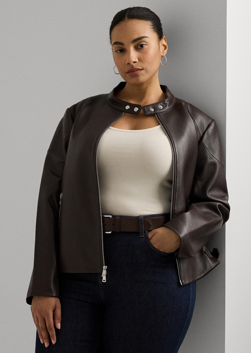 Lauren Ralph Lauren Plus Size Leather Moto Jacket - Brown