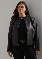 Lauren Ralph Lauren Plus Size Leather Moto Jacket - Brown