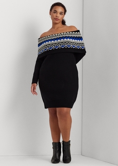 Lauren Ralph Lauren Plus Size Off-The-Shoulder Fair Isle Sweater Dress - Black/Cream/Sapphire