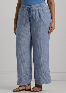 Lauren Ralph Lauren Plus Size Linen Pinstriped Wide-Leg Pants - Blue/White