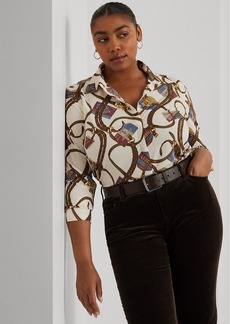 Lauren Ralph Lauren Plus Size Printed Long-Sleeve Shirt - White Multi