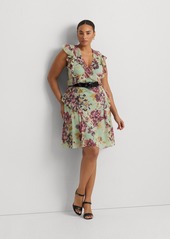 Lauren Ralph Lauren Plus Size Ruffled Crinkle Georgette Dress - Light Green Multi