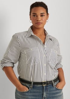 Lauren Ralph Lauren Plus Size Stripe Roll Tab Button-Down Shirt - White/Blue