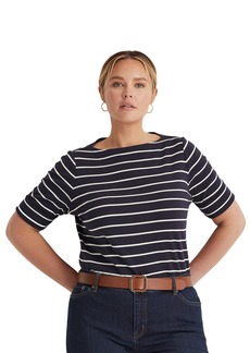 Lauren Ralph Lauren Plus Size Striped Cotton Boatneck T-Shirt - Lauren Navy/White