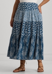 Lauren Ralph Lauren Plus Size Tiered Floral A-Line Skirt - Blue