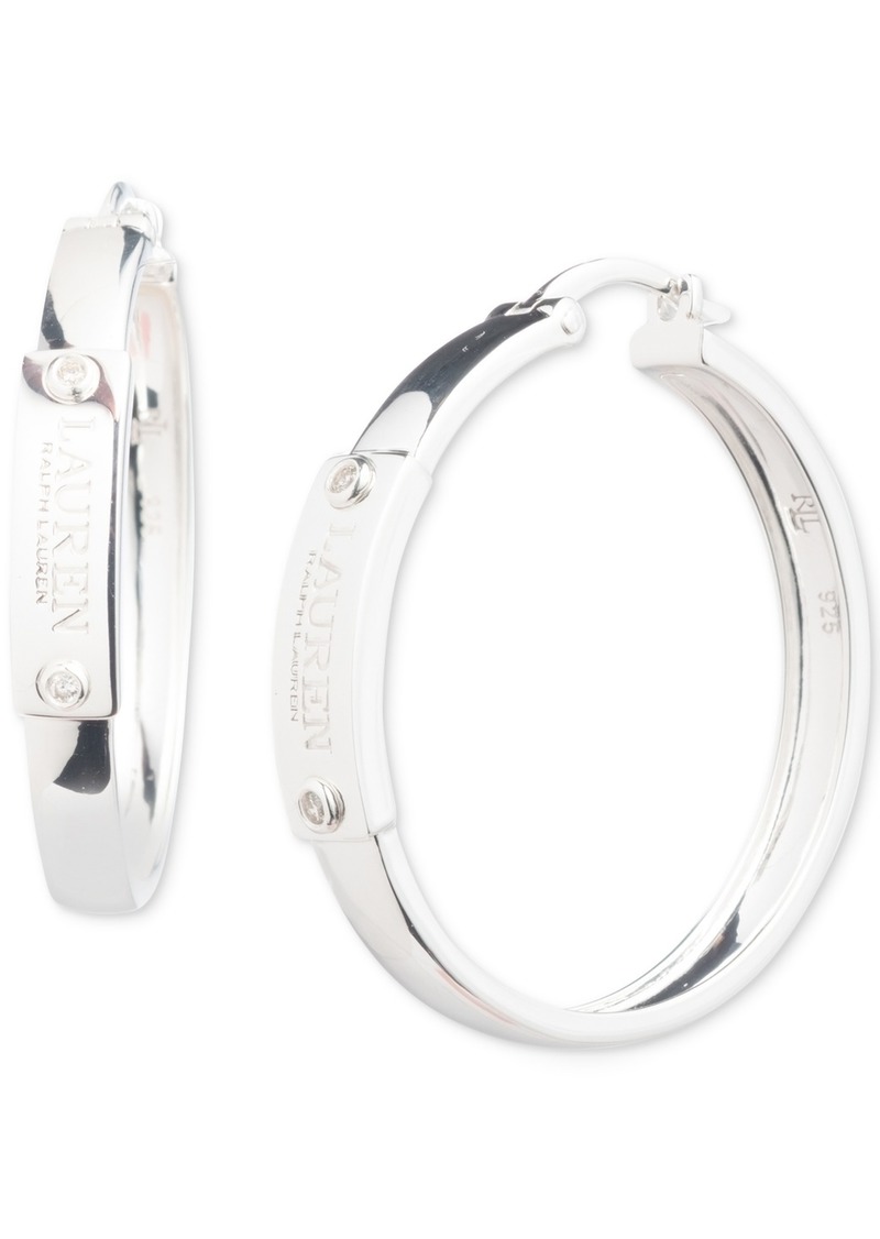 "Lauren Ralph Lauren Sterling Silver Medium Crystal Logo Hoop Earrings, 1.2"" - Crystal Wh"