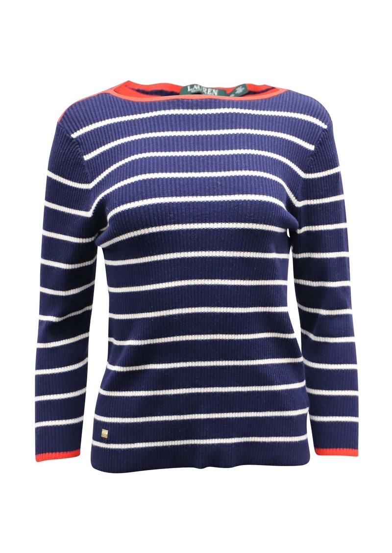 Lauren Ralph Lauren Stripe Ribbed Sweater in Navy Blue Cotton