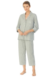 Lauren Ralph Lauren Womens 3/4 Sleeve Cotton Notch Collar Capri Pant Pajama Set - Grey Stripe