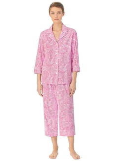 Lauren Ralph Lauren Womens 3/4 Sleeve Cotton Notch Collar Capri Pant Pajama Set - / Capri Pj