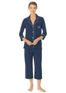 Lauren Ralph Lauren Womens 3/4 Sleeve Cotton Notch Collar Capri Pant Pajama Set - Navy Dot