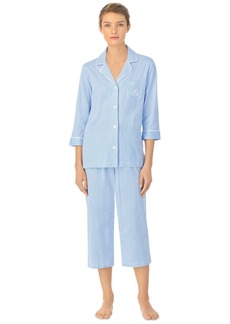 Lauren Ralph Lauren Womens 3/4 Sleeve Cotton Notch Collar Capri Pant Pajama Set - French Blue Stripe