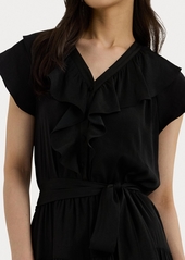 Lauren Ralph Lauren Women's Belted Ruffle-Trim Satin Tiered Dress - Black