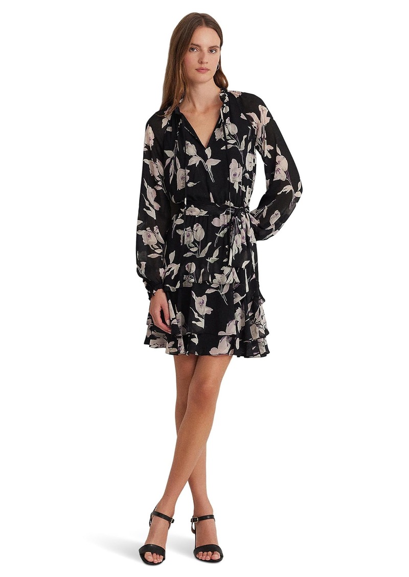 Lauren Ralph Lauren Womens Floral Belted Crinkle Georgette Dress