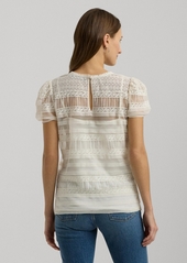 Lauren Ralph Lauren Women's Lace Mesh Puff-Sleeve Top - Winter Cream