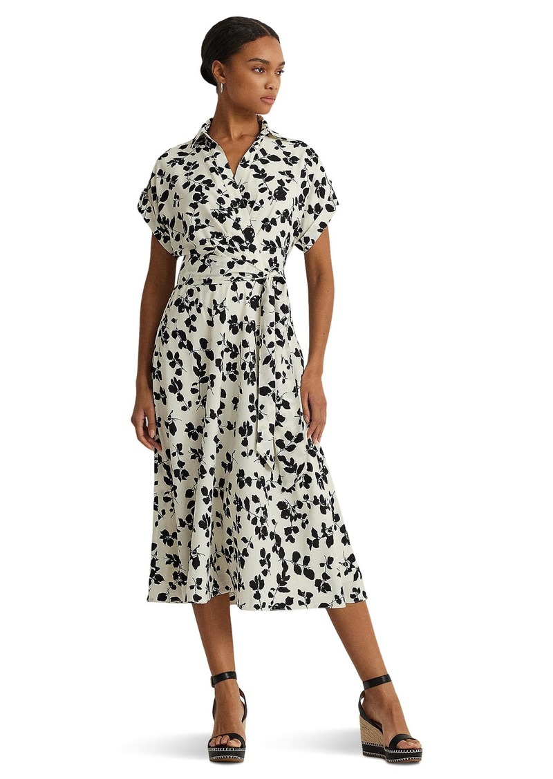 Lauren Ralph Lauren Womens Leaf-Print Belted Crepe Dress