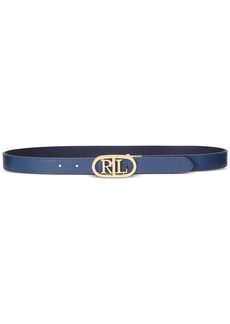 Lauren Ralph Lauren Women's Oval-Logo Reversible Leather Skinny Belt - Pale Azure/refined Navy