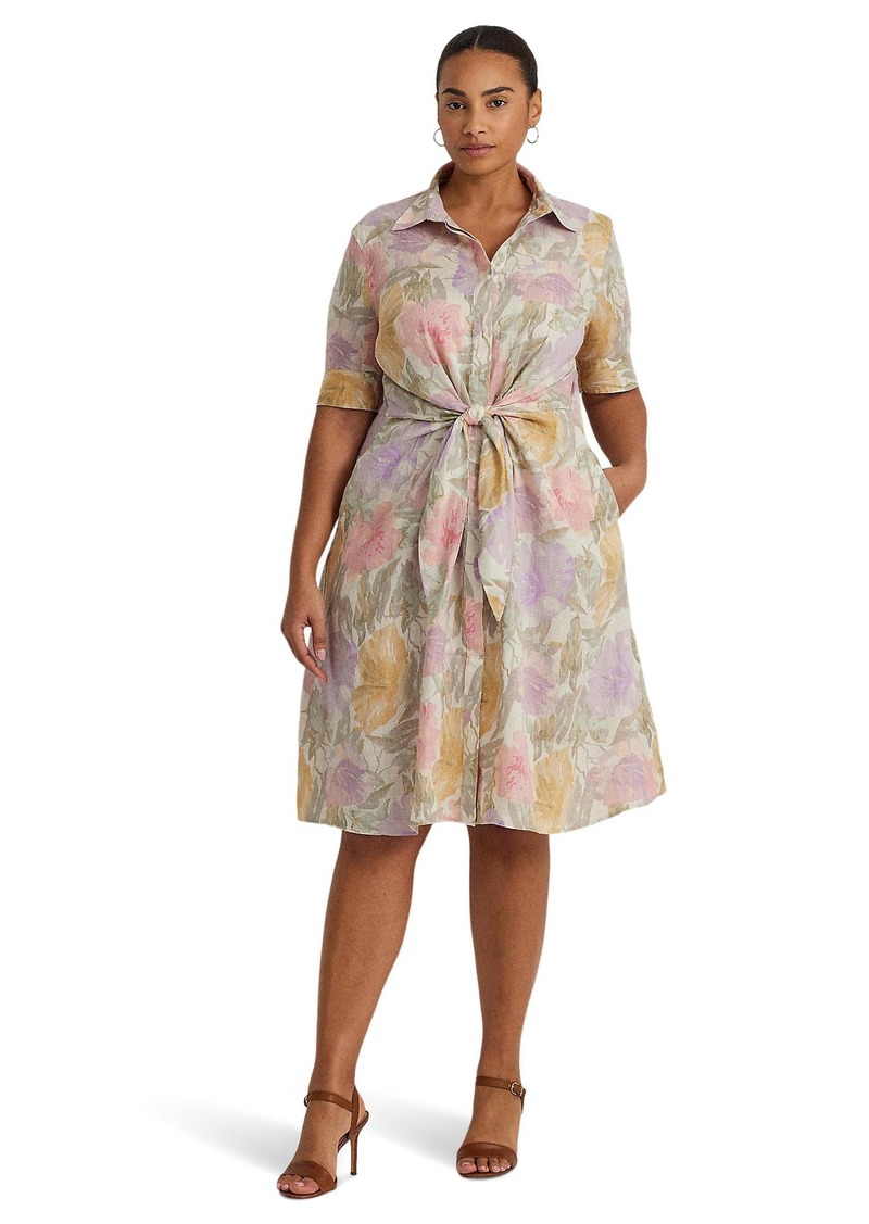 Lauren Ralph Lauren Womens Plus-Size Floral Tie-Front Linen Shirtdress  16