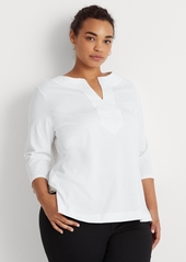 Lauren Ralph Lauren Women's Plus Size Split-Neck Three-Quarter Sleeve Cotton Tunic - White