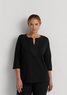 Lauren Ralph Lauren Women's Plus Size Split-Neck Three-Quarter Sleeve Cotton Tunic - Black