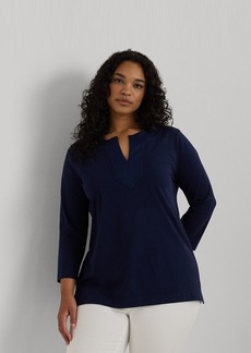 Lauren Ralph Lauren Women's Plus Size Split-Neck Three-Quarter Sleeve Cotton Tunic - Refined Navy