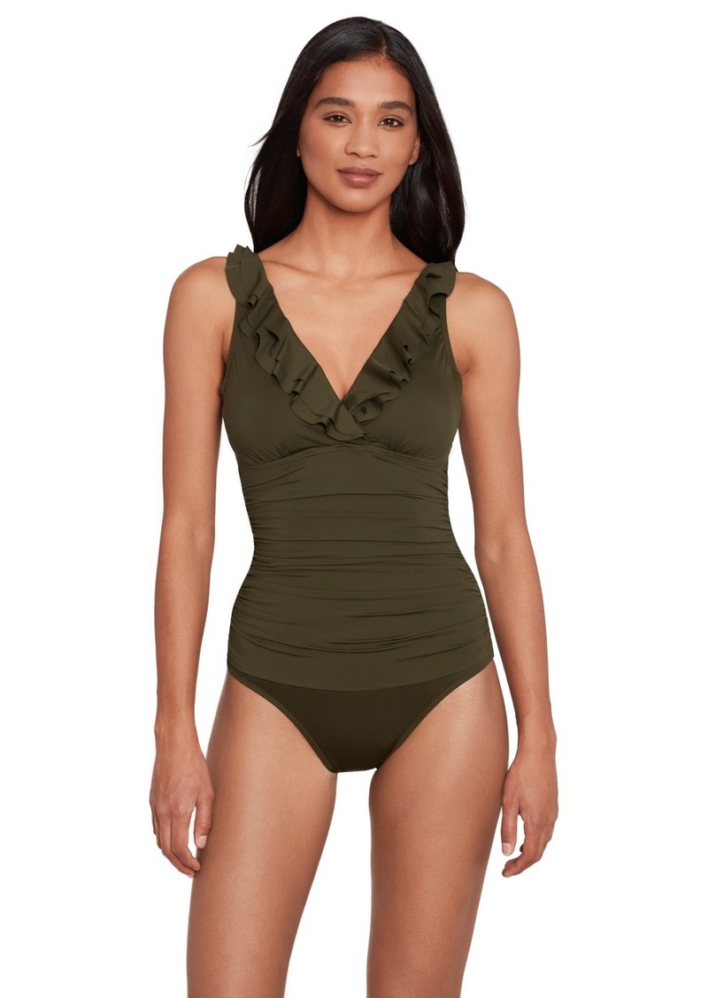 Lauren Ralph Lauren Women's Ruffle Surplice One Piece Swimsuit - Olive