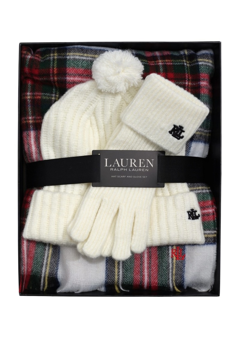 Lauren Ralph Lauren Woven Scarf, Knit Glove and Hat Boxed Gift Set - Cream stewart