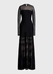 Ralph Lauren Long-Sleeve Sheer Striped Illusion Gown