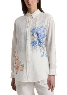 Ralph Lauren Oversize Floral Eyelet-Logo Linen Shirt