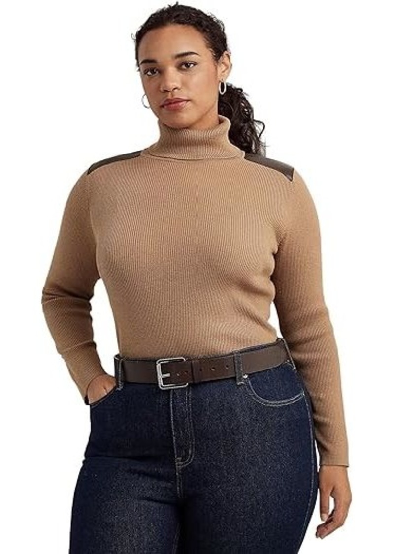 Ralph Lauren Plus Size Faux Leather Trim Ribbed Turtleneck