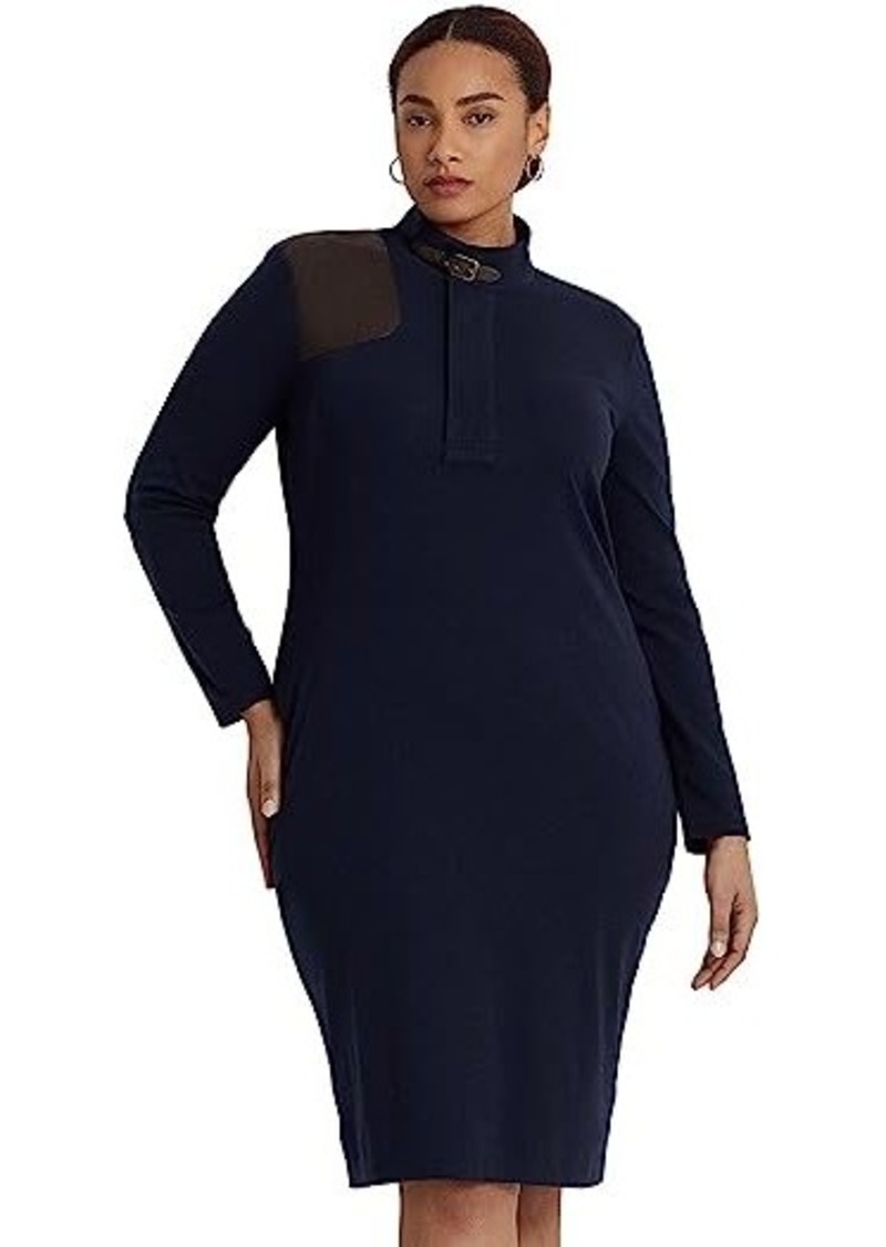 Ralph Lauren Plus Size Faux Leather-Trim Stretch-Cotton Dress