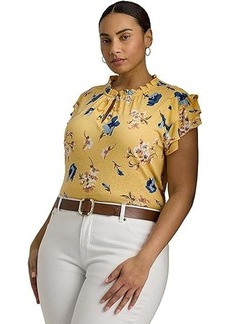 Ralph Lauren Plus-Size Floral Linen-Blend Jersey Tie-Neck Top