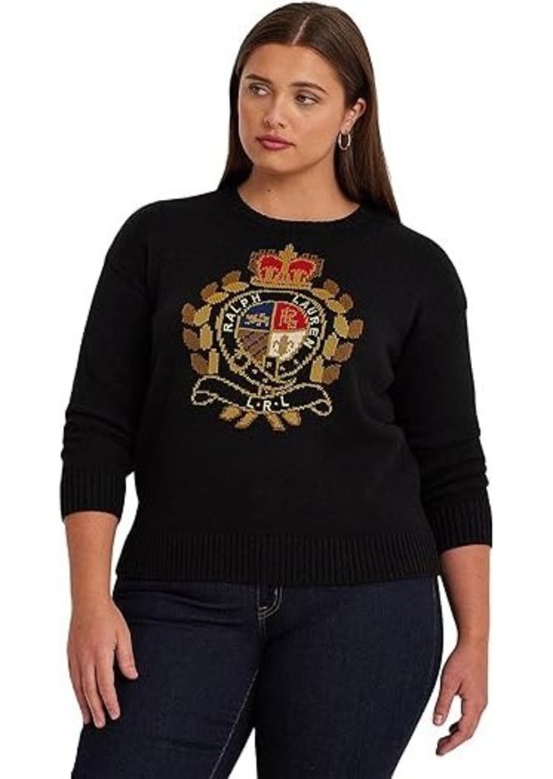 Ralph Lauren Plus-Size Intarsia-Knit Crest Cotton-Blend Sweater