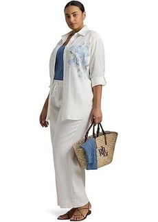 Ralph Lauren Plus-Size Oversize Floral Eyelet-Logo Linen Shirt