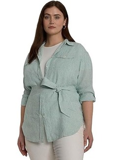 Ralph Lauren Plus-Size Relaxed Fit Striped Belted Linen Shirt