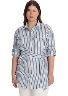 Ralph Lauren Plus Size Striped Belted Linen Shirt