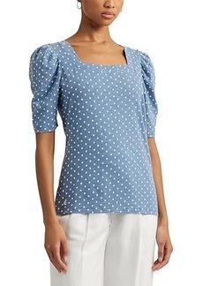 Ralph Lauren Polka-Dot Slub Jersey Puff-Sleeve Tee