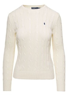 Ralph Lauren: Polo 'Juliana' White Cable Knit Pullover with Contrasting Embroidered Logo in Cotton Woman