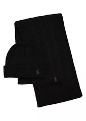 Ralph Lauren Polo Original Label 2-Piece Cashmere Cable-Knit Beanie & Scarf Set