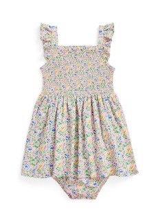 Ralph Lauren: Polo Polo Ralph Lauren Baby Girls Floral Smocked Cotton Dress and Bloomer Set - Beneda Floral Pink, Vista Blue