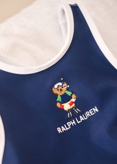 Ralph Lauren: Polo Polo Ralph Lauren Baby Girls Polo Bear Ruffled One Piece Round Neck Swimsuit - Newport Navy with White